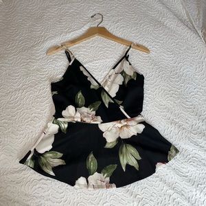 Black and floral spaghetti adjustable strap peplum top